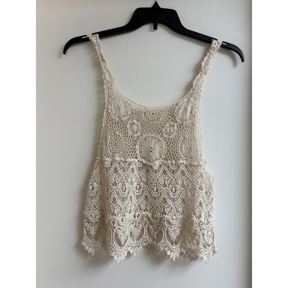 Debut Cream Lace Crochet Tank M L Vtg Floral Overlay Boho Resort Swim Cover Y2K - Picture 6 of 9